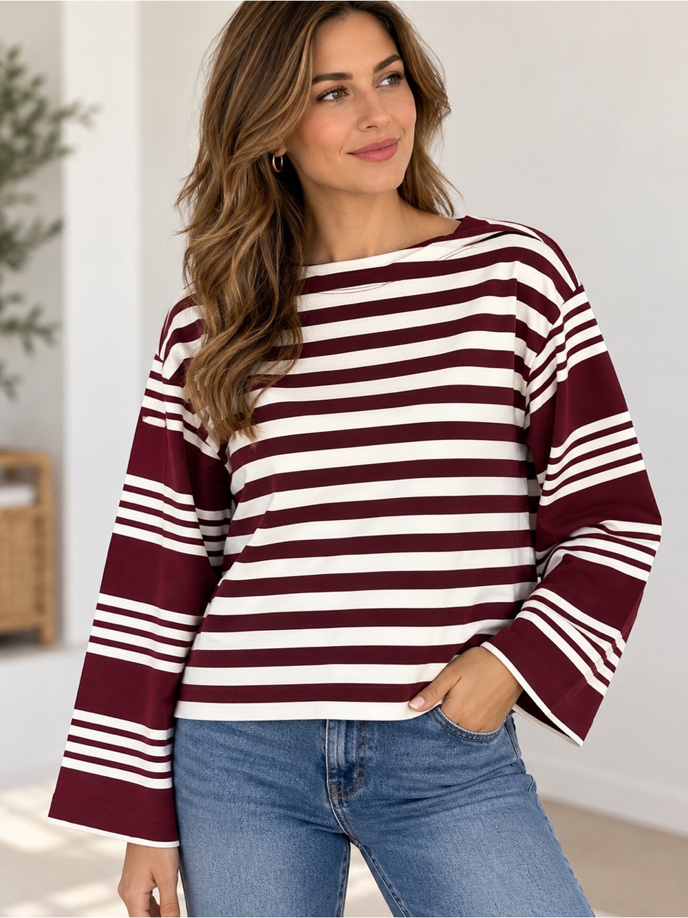 J.Crew Women’s Striped Boatneck Cotton Top Burgundy Ivory Size M NWT